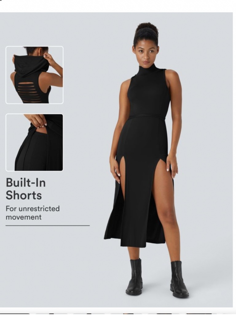 HALARA Ribbed High Neck Sleeveless Cut Out Tie Back Midi Dress